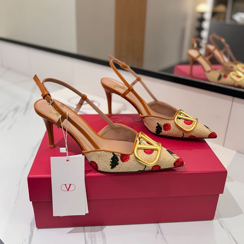 Va1e*ntin0 VLOGO SIGNATURE cherry pattern jacquard lace-up high heels (heel height 5cm|8cm)